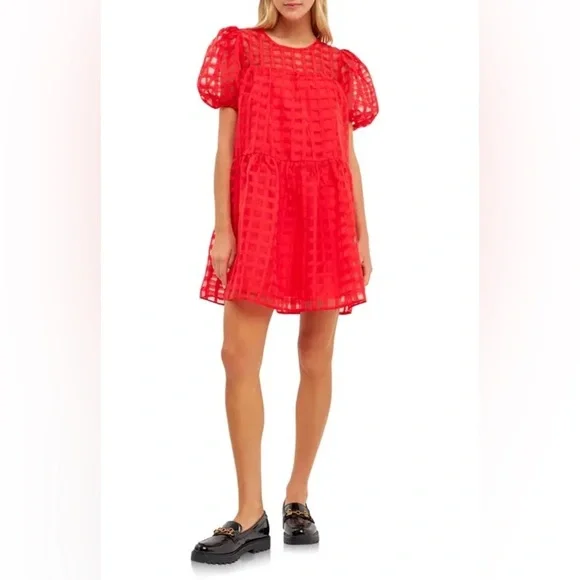 open lace back dress Plus Size Gridded Organza Tiered Maxi Dress